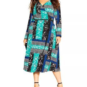 City Chic Wrap Dress Women's Plus Size XL/22 Black Green Patchwork Mixed Print
